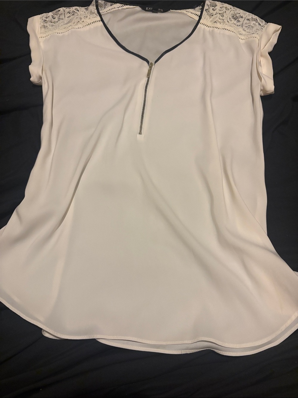 Express Cream Zip-Neck Lace Shoulder Blouse